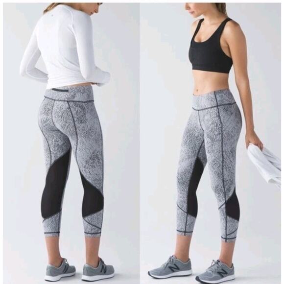 Lululemon Leggings Pace Rival Crop Size 10 Line Up Black White Pockets Luxtreme - Picture 3 of 10